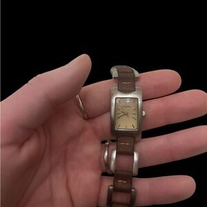 VTG Fossil Cognac Brown with Steel Silver Links Ladies Watch: 7.5 in band